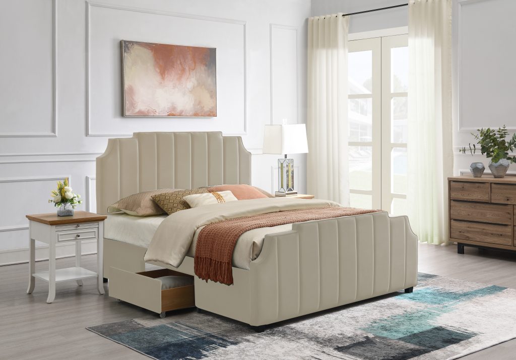 Enzo Velvet Queen European Size Bed Frame with 2 Drawer — Homemaker